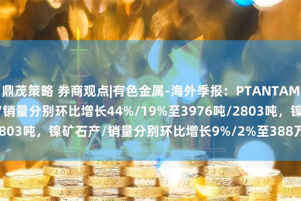 鼎茂策略 券商观点|有色金属-海外季报：PTANTAM TBK 2026Q1镍铁产/销量分别环比增长44%/19%至3976吨/2803吨，镍矿石产/销量分别环比增长9%/2%至388万湿吨/340万湿吨